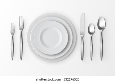 Vector Cutlery Set of Silver Forks Spoons and Knifes with Plates Top View Isolated on White Background. Table Setting