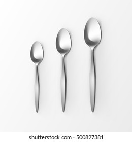 Vector Cutlery Set of Silver Table Spoon Dessert Spoon and Tea Spoon Top View Isolated on White Background. Table Setting