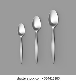 Vector Cutlery Set of Silver Tablespoon Dessert Spoon and Tea Spoon Top View Isolated on Background. Table Setting