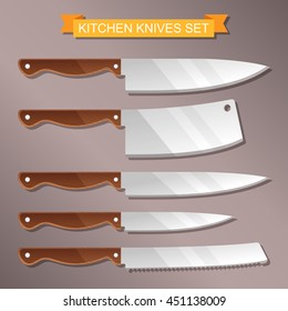 Vector cutlery set of stainless steel kitchen knives and cleavers