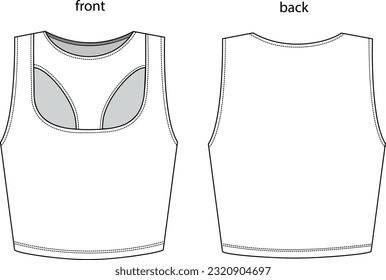 vector cut-out detail drawing of sleeveless jersey women's tops, fashion top drawing, front and back view