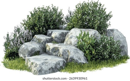 Vector cutout gardening shrub plants, steps rock illustration, png file, nature background, green plants, garden landscaping, outdoor plants, rock garden design, shrubbery