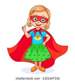 Vector cutout girl in Super hero costume making attention gesture. Beautiful super girl with a mask on her face and developing in the wind red cloak, in full-length.