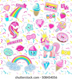 Vector cut-out illustration for little princess. Rainbow, unicorn, cakes, ice-cream, lollipop, diamant, star, cassette in magic flat style design. For girls, postcards, decorations. Stickers patch