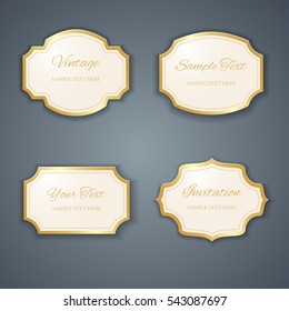 Vector cutout paper frame set. Collection of vintage 3d frames with golden borders on blue background. Retro style design template.
