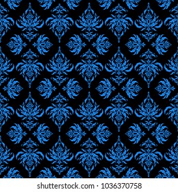 Vector cutout paper lace texture, blue tulle on a black background, swirly seamless pattern.