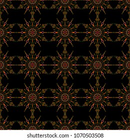 Vector cutout paper lace texture, orange and gray tulle on a black background, swirly seamless pattern.