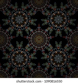 Vector cutout paper lace texture, brown, beige and blue tulle on a black background, swirly seamless pattern.