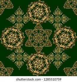 Vector cutout paper lace texture, multicolor tulle on a green background, swirly seamless pattern.