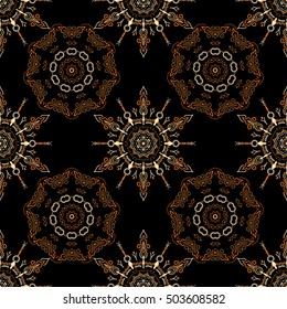 Vector cutout paper lace texture, brown tulle on a black background, swirly seamless pattern, eps10.