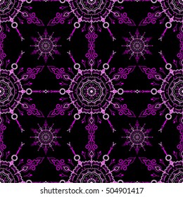 Vector cutout paper lace texture, purple tulle on a black background, swirly seamless pattern, eps10.