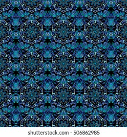 Vector cutout paper lace texture, blue tulle on a black background, swirly seamless pattern, eps10.