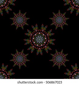 Vector cutout paper lace texture, multicolor tulle on a black background, swirly seamless pattern, eps10.