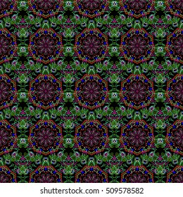 Vector cutout paper lace texture, green tulle on a black background, swirly seamless pattern, eps10.