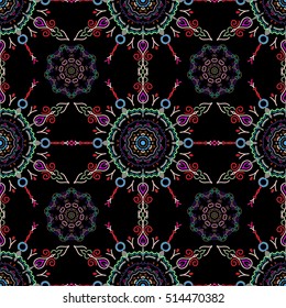 Vector cutout paper lace texture, blue, neutral and magenta tulle on a black background, swirly seamless pattern, eps10.