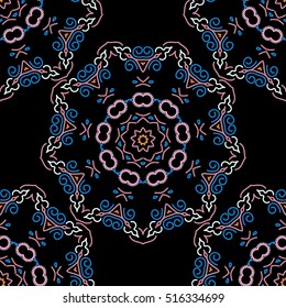 Vector cutout paper lace texture, pink, neutral and orange tulle on a black background, swirly seamless pattern, eps10.