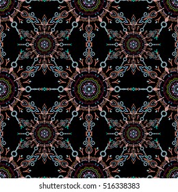 Vector cutout paper lace texture, brown, neutral and blue tulle on a black background, swirly seamless pattern, eps10.