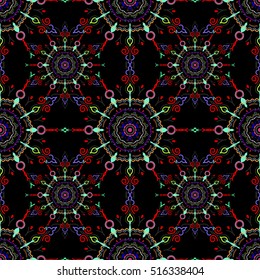 Vector cutout paper lace texture, green, violet and blue tulle on a black background, swirly seamless pattern, eps10.