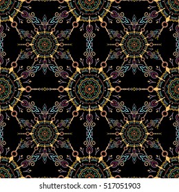 Vector cutout paper lace texture, green, blue and neutral tulle on a black background, swirly seamless pattern, eps10.