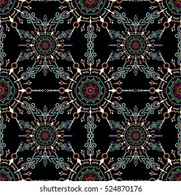 Vector cutout paper lace texture, beige, neutral and blue tulle on a black background, swirly seamless pattern, eps10.