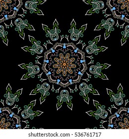 Vector cutout paper lace texture, neutral, gray and green tulle on a black background, swirly seamless pattern, eps10.