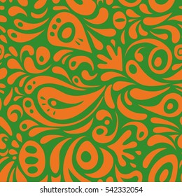 Vector cutout paper lace texture, green and orange tulle, swirly seamless pattern.