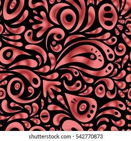 Vector cutout paper lace texture, red and pink tulle on a black background, swirly seamless pattern.