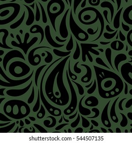 Vector cutout paper lace texture, black and green tulle, swirly seamless pattern.