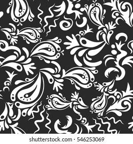 Vector cutout paper lace texture, multicolor tulle on a black background, swirly seamless pattern.