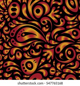 Vector cutout paper lace texture, red and yellow tulle on a black background, swirly seamless pattern.