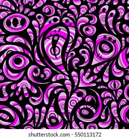 Vector cutout paper lace texture, multicolor tulle on a black background, swirly seamless pattern.