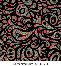 Vector cutout paper lace texture, multicolor tulle on a black background, swirly seamless pattern.