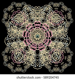 Vector cutout paper lace texture, beige and pink tulle on a black background, swirly.