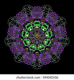 Vector cutout paper lace texture, violet, green and yellow tulle on a black background, swirly seamless pattern.