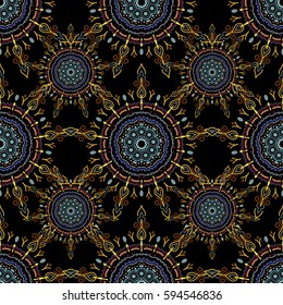Vector cutout paper lace texture, blue and yellow tulle, swirly seamless pattern.