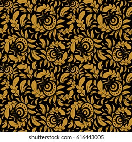 Vector cutout paper lace texture, yellow tulle on a black background, swirly seamless pattern.