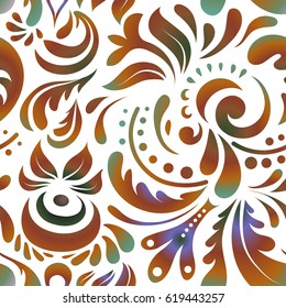 Vector cutout paper lace texture, violet, brown and green tulle on a white background, swirly seamless pattern.