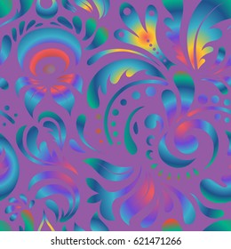 Vector cutout paper lace texture, blue, yellow and pink tulle, swirly seamless pattern.