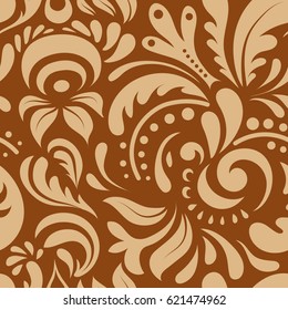 Vector cutout paper lace texture, brown and beige tulle, swirly seamless pattern.