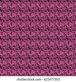 Vector cutout paper lace texture, pink and black tulle, swirly seamless pattern.
