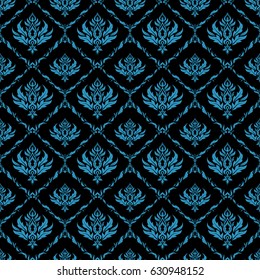 Vector cutout paper lace texture, blue tulle on a black background, swirly seamless pattern.