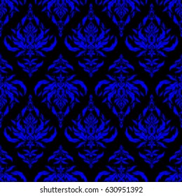 Vector cutout paper lace texture, blue tulle on a black background, swirly seamless pattern.
