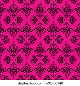 Vector cutout paper lace texture, black and magenta tulle, swirly seamless pattern.