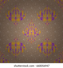 Vector cutout paper lace texture, yellow, violet and beige tulle, swirly seamless pattern.