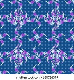 Vector cutout paper lace texture, blue and violet tulle, swirly seamless pattern.