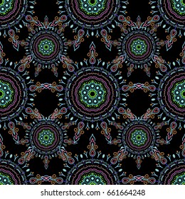 Vector cutout paper lace texture, red, blue and pink tulle on a black background, swirly seamless pattern.