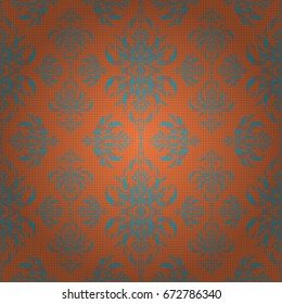 Vector cutout paper lace texture, blue and orange tulle, swirly seamless pattern.