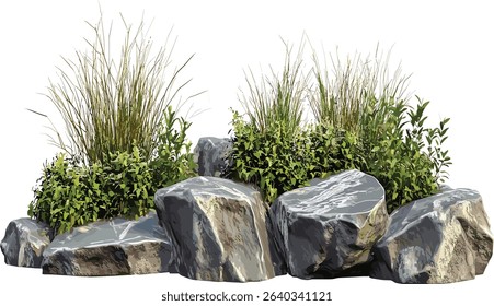 Vector Cutout rocks landscape, weed growth, transparent background, natural environment, terrain, plant life, outdoor scene, nature illustration, organic elements, eco friendly design