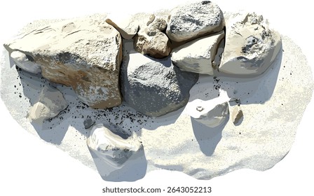 Vector cutout of rocks on beaches, sand, transparent background, beach scene, rocky coast, ocean, nature, seaside, coastal view, natural textures, outdoor, landscape, summer, sunlight
