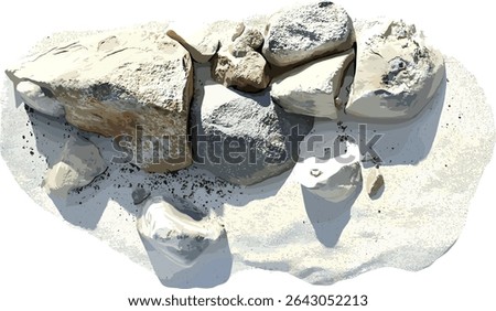 Vector cutout of rocks on beaches, sand, transparent background, beach scene, rocky coast, ocean, nature, seaside, coastal view, natural textures, outdoor, landscape, summer, sunlight